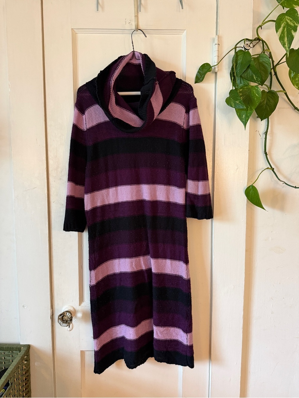 Striped Knit Cowl Neck Sweater Dress in Plum & Lavender size 1X